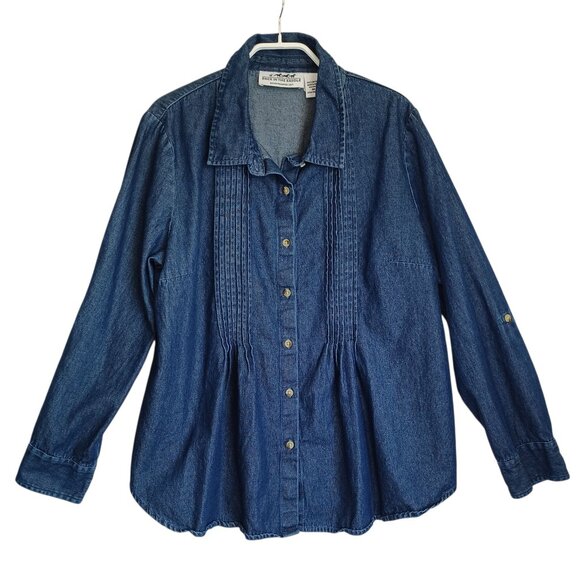 Back In The Saddle Tops - Back In‎ The Saddle Denim Shirt Pleat Detail Roll Tab Sleeves Womens Medium